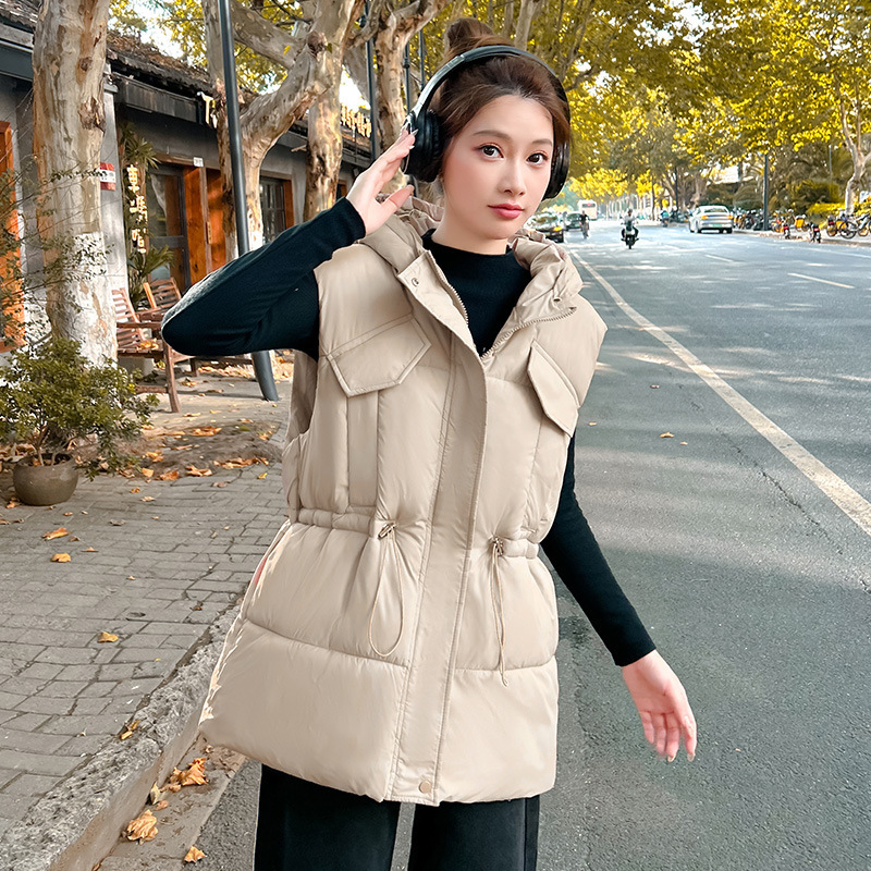 棉马甲女中长款2025秋冬新款连帽棉坎肩棉背心外套宽松百搭棉马夹|undefined