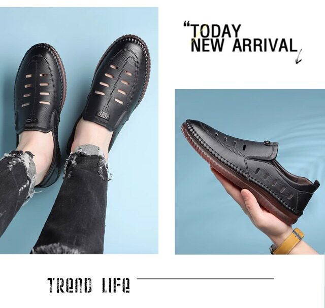 Giày sandal nam da lười khoét lỗ đế bằng chống trượt thoáng khí — Màu kaki, màu đen chi tiết 22