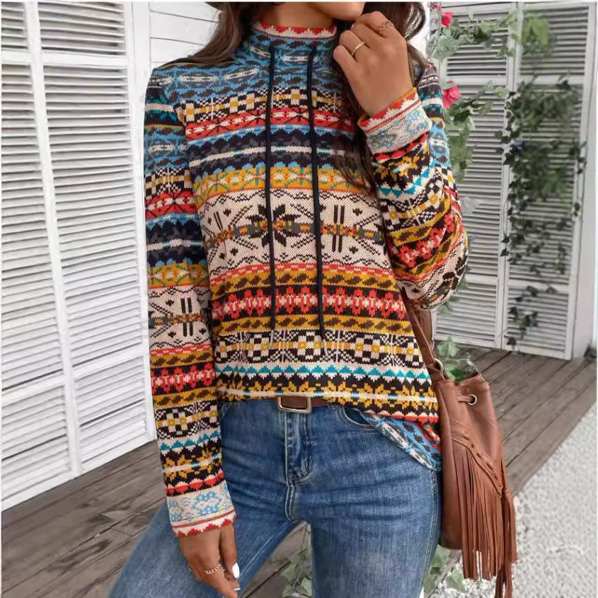 Племенной принт с высоким воротом, повседневный топ с длинными рукавами, подходит для весны и осени, женская одежда