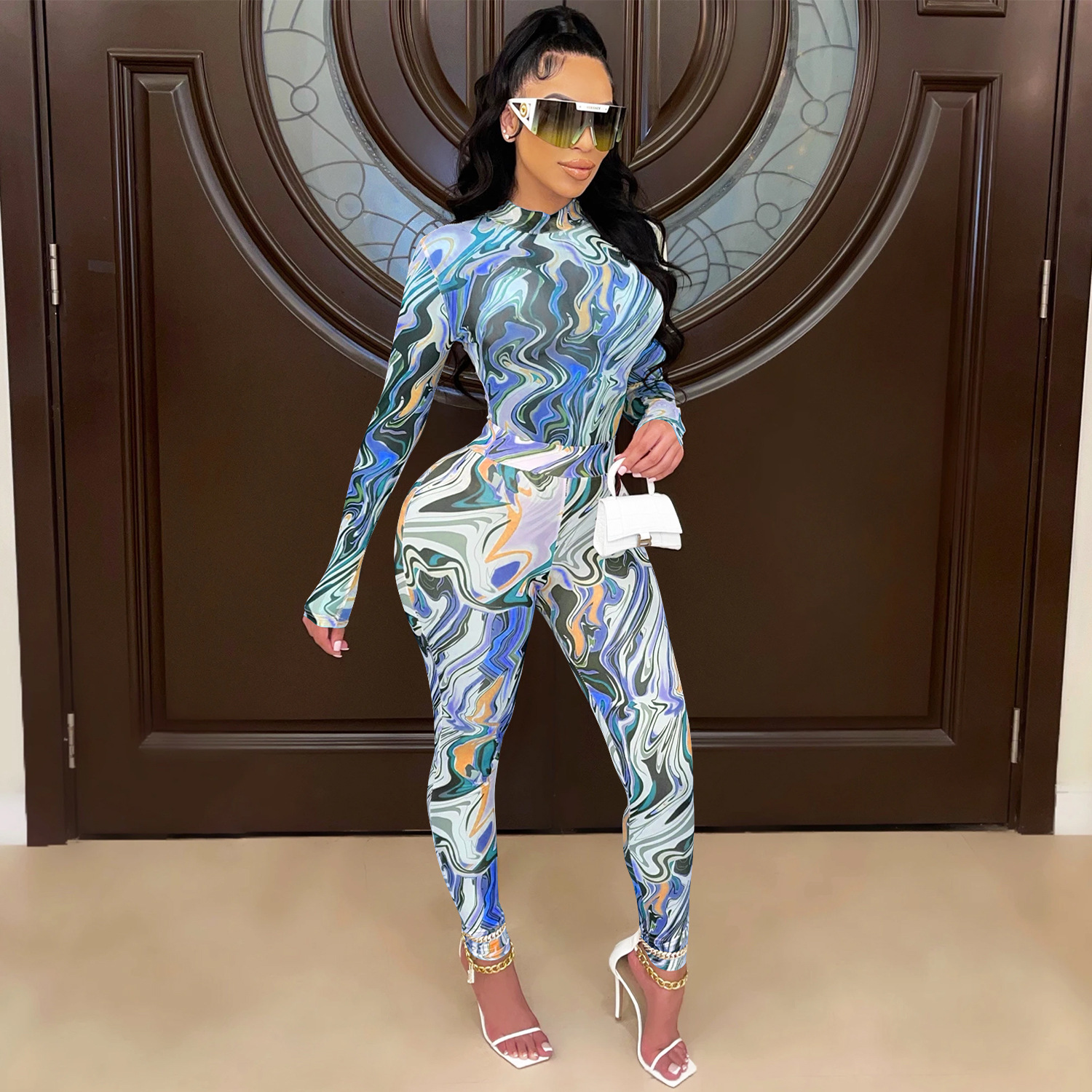 C5505 AliExpress amazonwish moda de mujer pintada pantalones de manga larga ajustada malla de perspectiva de dos piezas