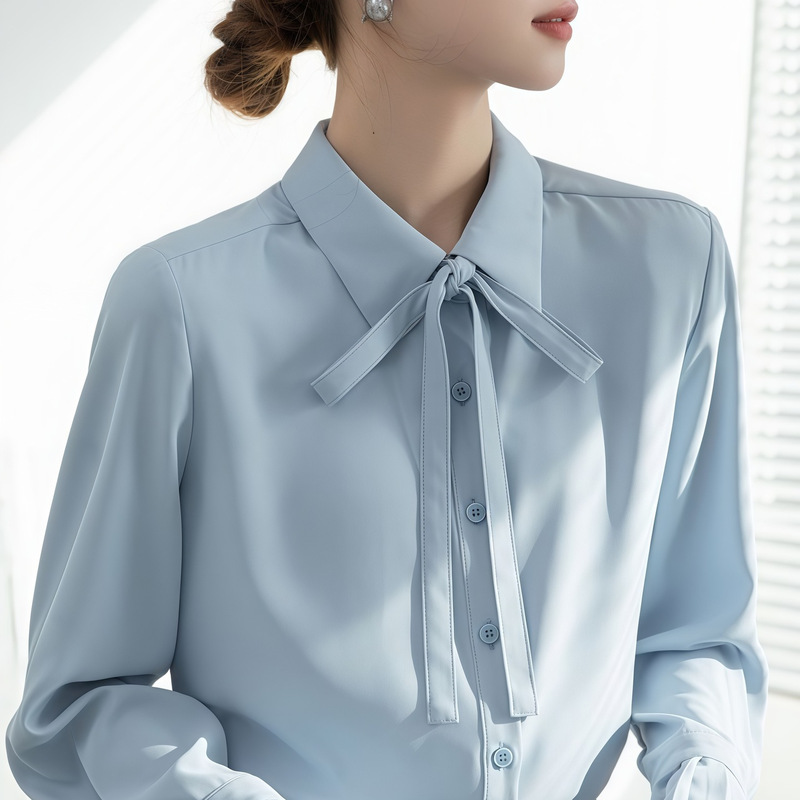 New autumn style blue shirt with accordion sleeves, French tie, bow, and long-sleeved ribbon top for professional suits New autumn style blue shirt with accordion sleeves, French tie, bow, and long-sleeved ribbon top for professional suits