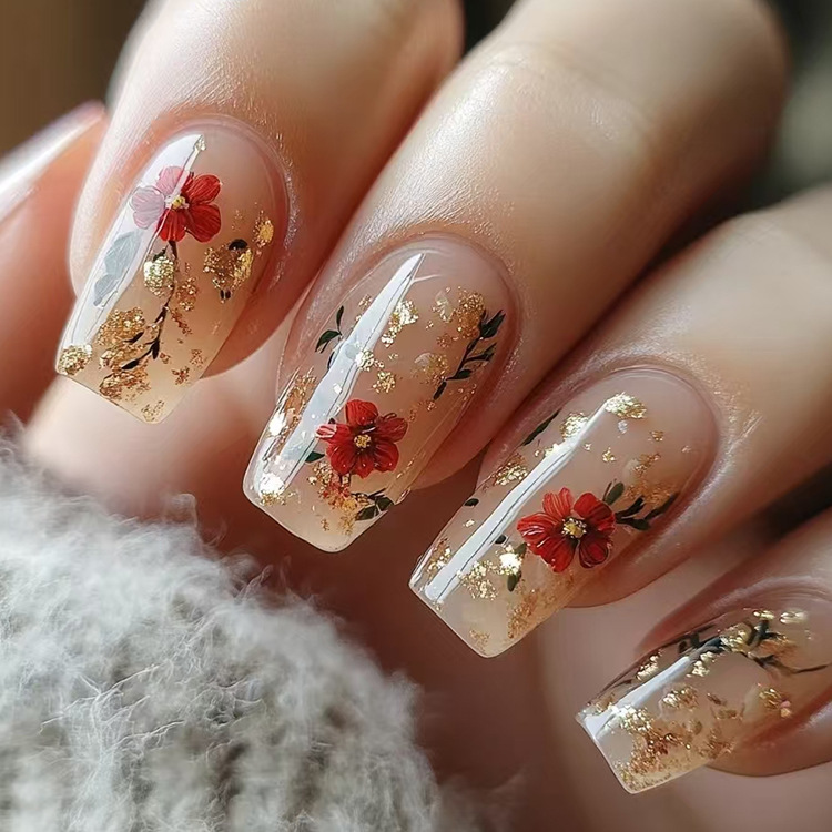 Gold Glitter Nail Tips Red Rose Nails
