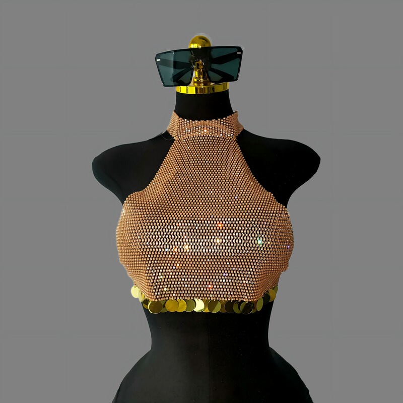 European and American Cross-Border Plus-Size Fishnet Rhinestone Sequin Patchwork Top Music Festival Hot Girl Halter Neck Tank Top for Women European and American Cross-Border Plus-Size Fishnet Rhinestone Sequin Patchwork Top Music Festival Hot Girl Halter Neck Tank Top for Women