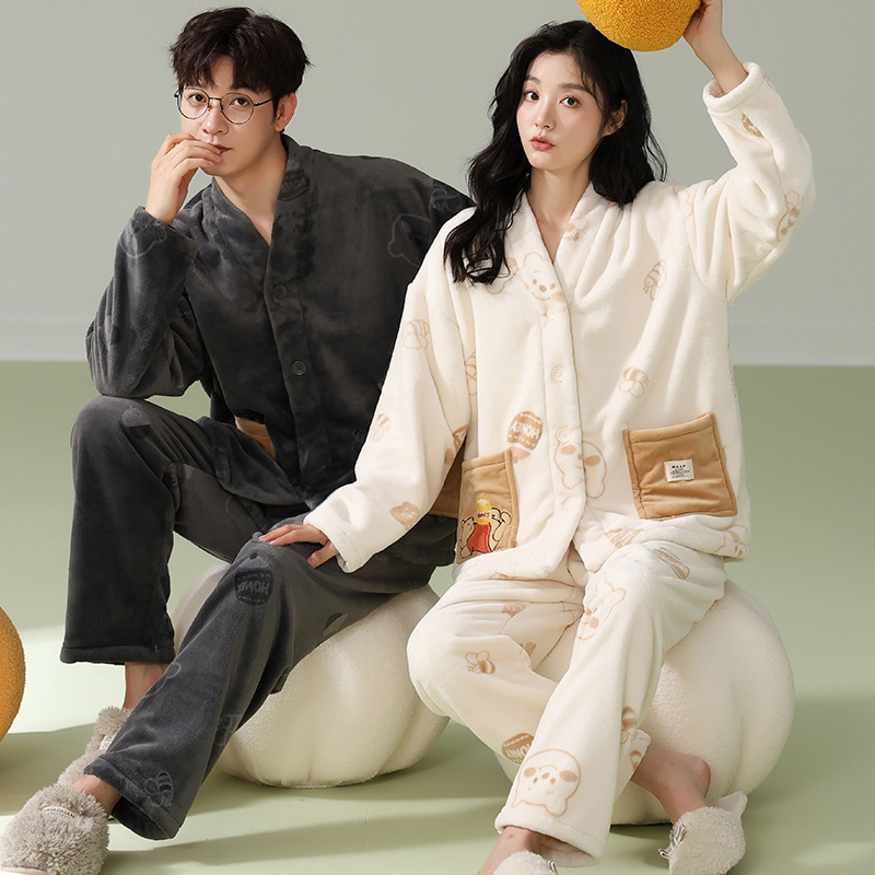 (폴리에스터 섬유 100%) 산호 벨벳 커플 잠옷 가을 겨울 두꺼운 플란넬 가디건 남성용 홈웨어