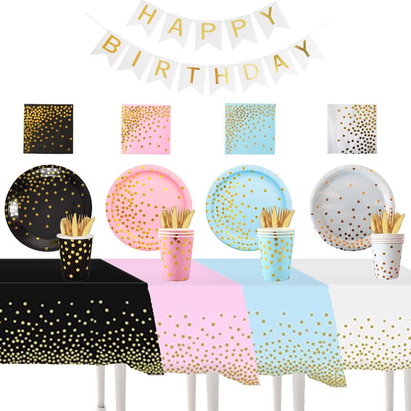 Amazon Gold Foil Small Dots Foreign Trade Birthday Party Festival Solid Color Theme Disposable Paper Plates Cups Tableware Set