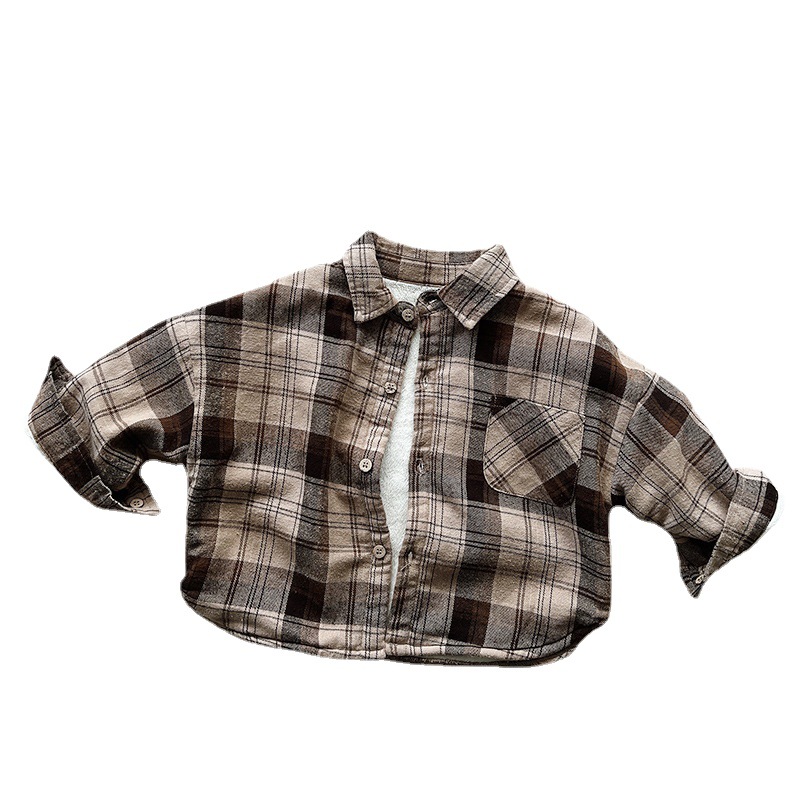 Internet estilo de celebridad ~ los niños camisa de tela escocesa forrado 2023 invierno nuevos niños y niñas estilo coreano retro camisa a cuadros