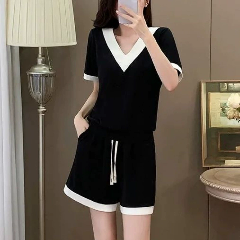 10 хлопковых модных повседневных спортивных костюмов для женщин, летние свободные шорты большого размера, закрывающие тело, контрастного цвета, комплект из двух предметов