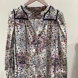 BA24年秋冬新款烟花乐园印花剪刀领撞色边复古泡泡袖宽松衬衫上衣