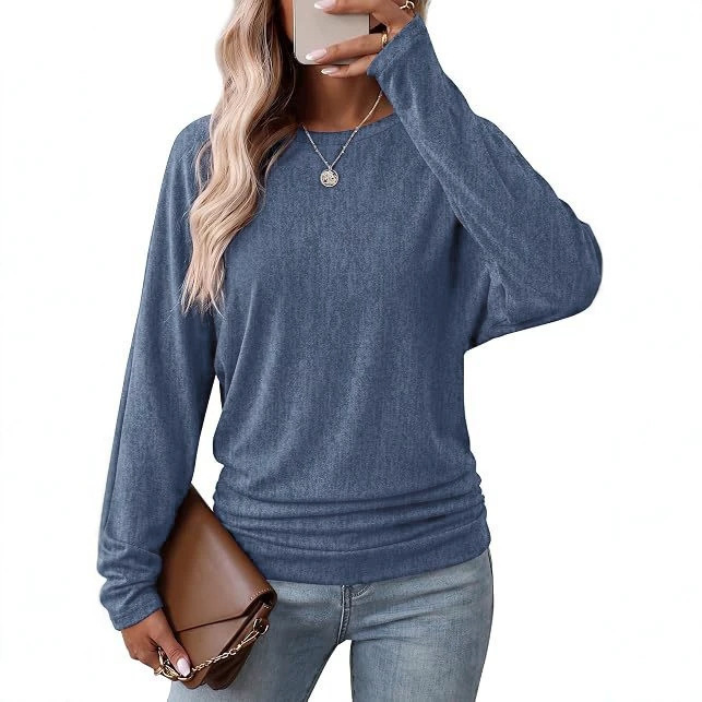 Cross-border European and American women's clothing, round-neck long-sleeve knit top, drop-shoulder batwing sleeves, side ruched design, loose and casual Cross-border European and American women's clothing, round-neck long-sleeve knit top, drop-shoulder batwing sleeves, side ruched design, loose and casual