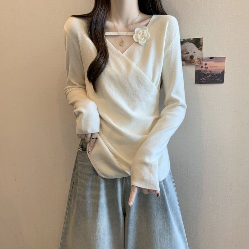 Plus Size Design Elegant V Neck Right Shoulder Long-Sleeved T-Shirt for Women Spring, Autumn and Winter New Fat mm Waist Slimming Look and Flesh-Covering Top