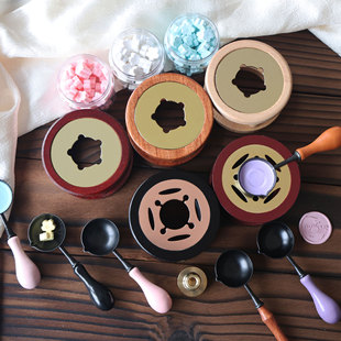 European-Style Vintage Beech and Rosewood Wax Seal Small Melting Pot, Wax Seal Small Spoon, Sealing Candle Holder Wax Seal Stamp Set