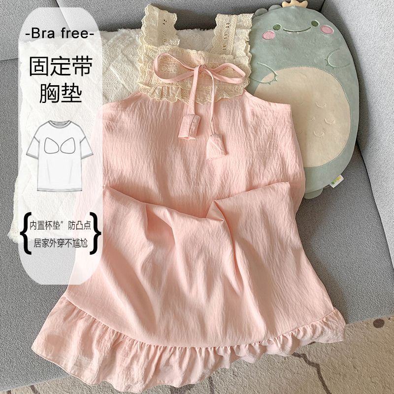 Chaleco de encaje camisón verano pijamas de mujer nube cinturón de algodón cojín en el pecho sin mangas vestido de princesa suelto ropa de casa verano