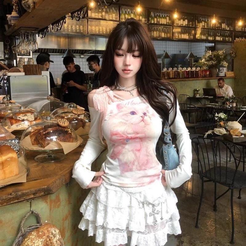 American-style Spicy Cat Y2K One-character Collar Long-sleeved T-shirt Women's Spring and Autumn Open-shoulder Lace Stitching Base Shirt Top Trendy