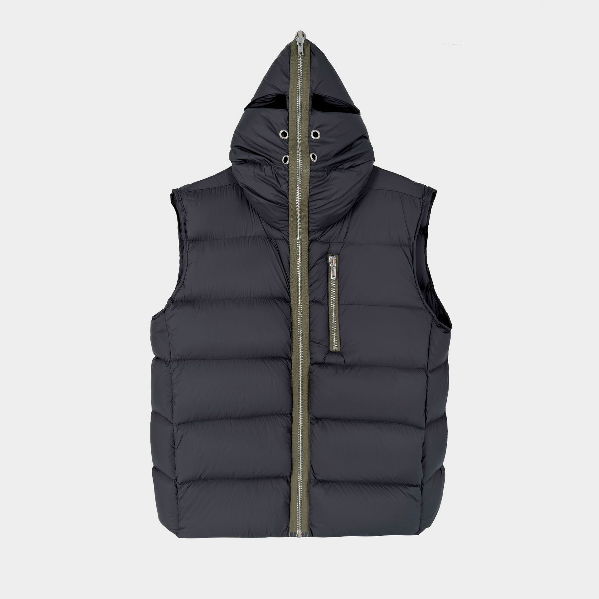 Chaleco de plumón de ganso cálido con capucha y cremallera con diseño de tiburón, sin mangas, moderno