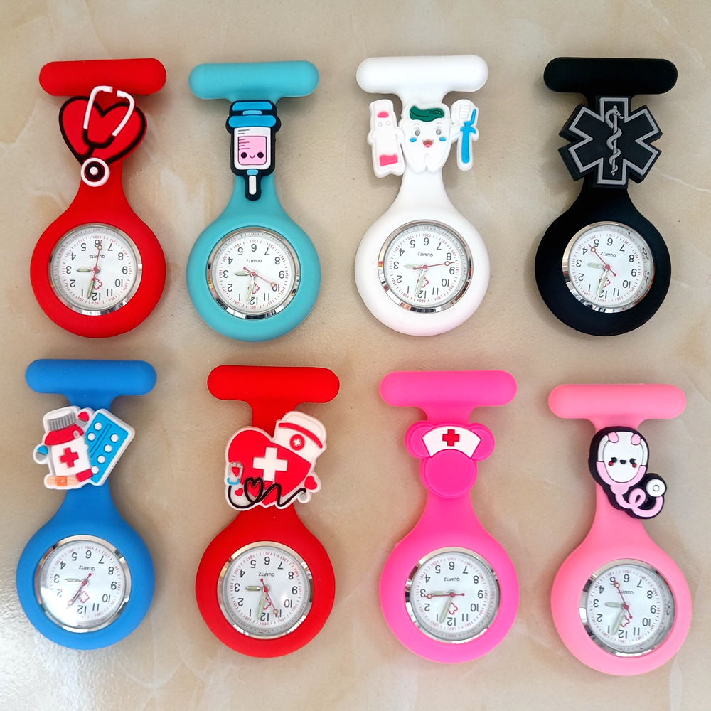 Dibujos animados lindo unisex hospital médico enfermera médico broche de silicona sólida colgando FOB bolsillo regalo reloj