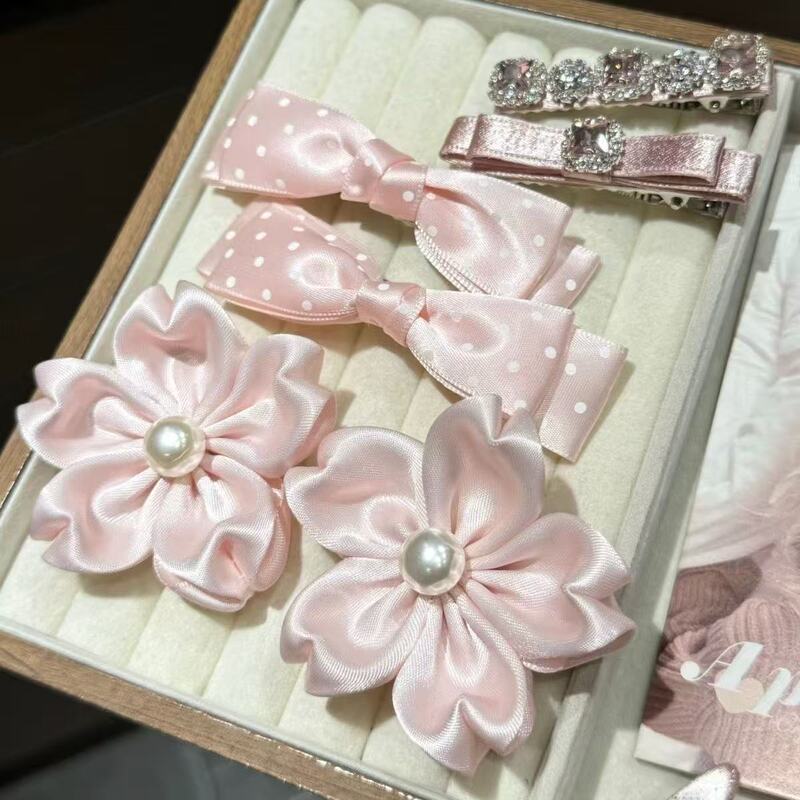Cute Girl Pink Cherry Blossom Bow Polka Dot Hair Clip Sweet Side Clip Duckbill Hairpin Atmospheric Hairpin