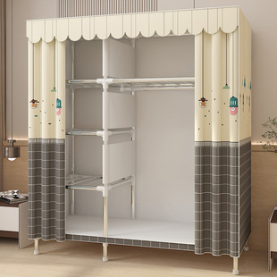 Simple Fabric Wardrobe for Home Bedroom Assembly, Rental Housing Use, Steel Pipe Wardrobe Storage Cabinet, All-Steel Frame, Sturdy and Durable