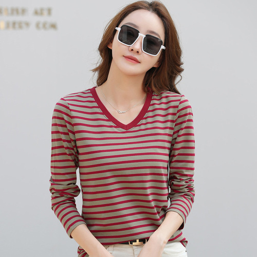 379 条纹长袖秋冬百搭女装打底衫修身显瘦撞色复古条纹V领T恤内搭