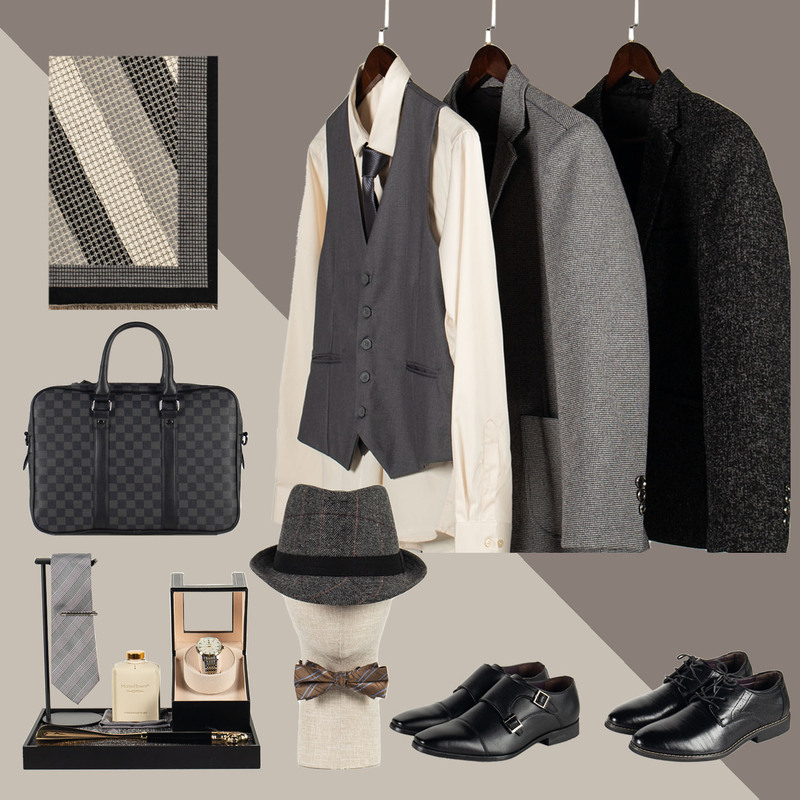 Old Money Style Gray Italian Wardrobe Suit Men's Suit Vest Shirt Tie Leather Shoes Model Room Decoration Old Money Style Gray Italian Wardrobe Suit Men's Suit Vest Shirt Tie Leather Shoes Model Room Decoration