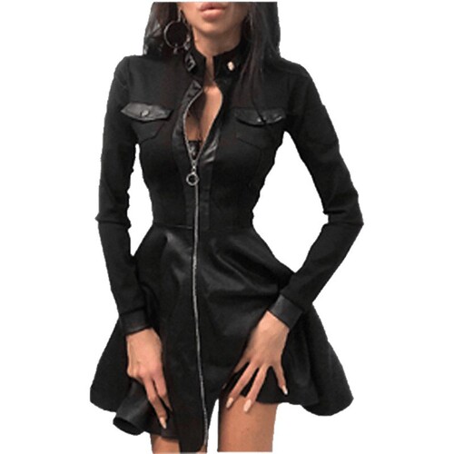 Autumn and winter new women's skirt—hot-selling European and American-style leather-mesh spliced waist-controlled dress