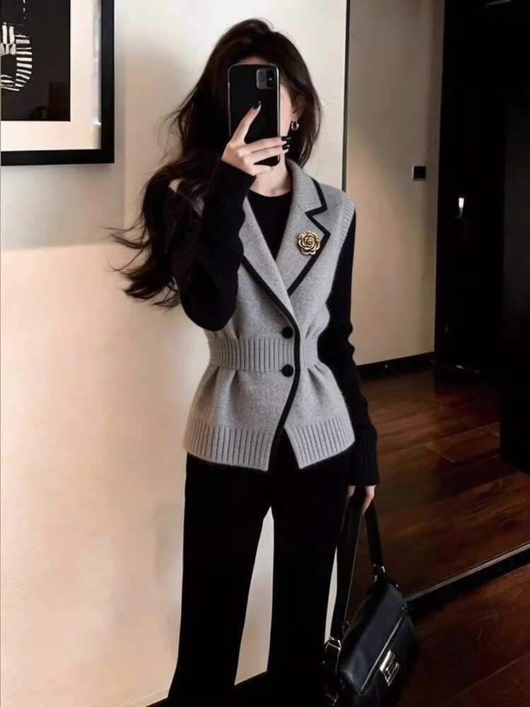 Áo gile len nữ phong cách Pháp dệt kim màu xám ôm eo — màu xám