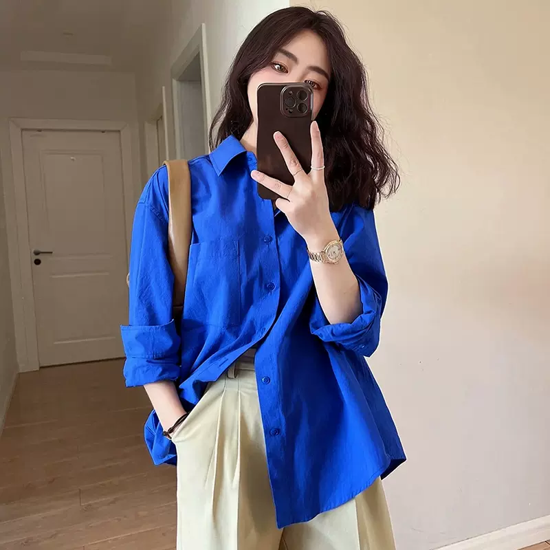 纯棉衬衫小衫克莱因蓝衬衫春秋女长袖高级衬衣女小个子POLO领上衣