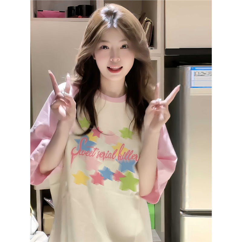 200kg cotton pink raglan short sleeve T-shirt girlfriends summer female college students dopamine loose slim coat