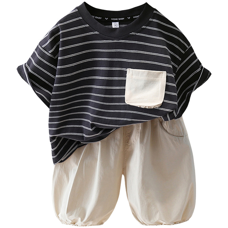7369 Ropa para niños Traje de manga corta para niños Estilo de verano Estilo coreano Camiseta a rayas Moda para niños Traje de dos piezas de verano 5