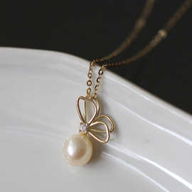 飞舞~S925纯银镀14K金项链吊坠女 珍珠双层蝴蝶气质简约优雅挂坠