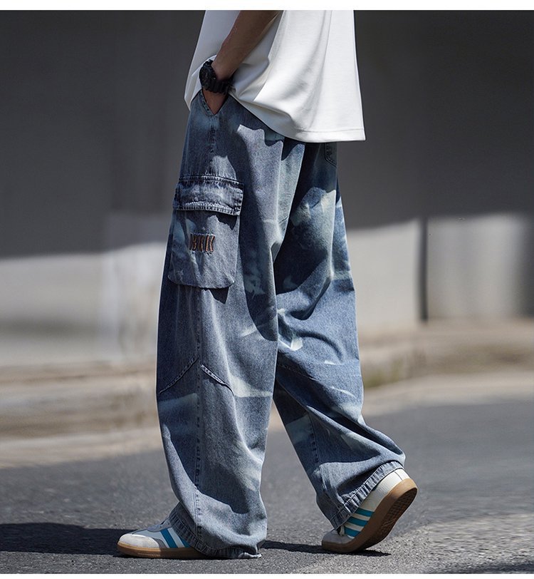 Men's Vintage Light Blue Jeans Retro High Street Hip Hop Design With Pockets Relaxed Straight Leg_mkmklike.com