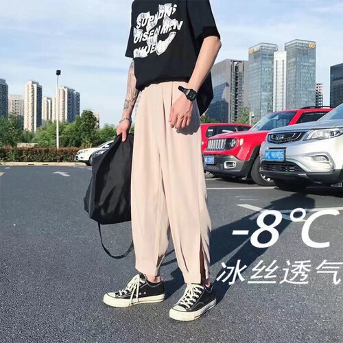 Black Button Lantern Pants for Men, Loose Tuck-in, Thin Fall Version, Wide Leg, Nine-Inch Casual Pants for Men, Cool and Suave