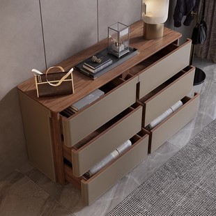 Warm Home Six-Drawer Cabinet Tall Tv Cabinet Modern Saddle Leather Sideboard Bedside Storage Solid Wood Bedroom Side Cabinet