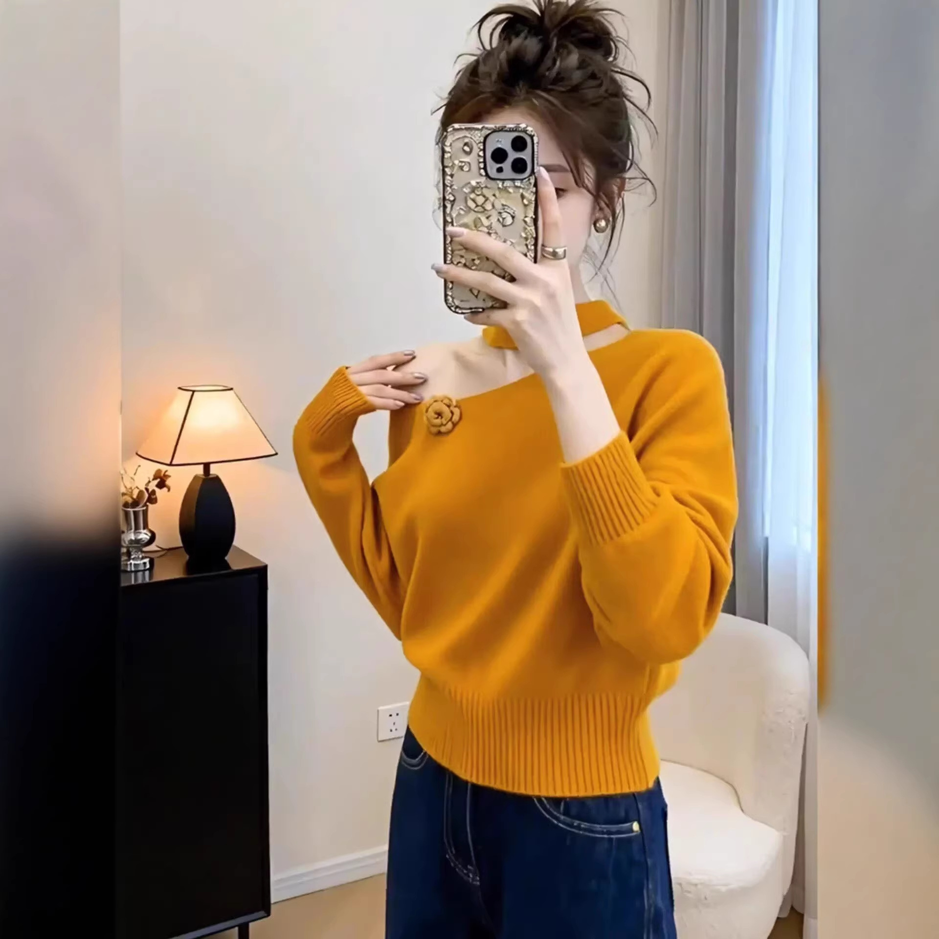 Áo len hoa nữ hở vai cổ yếm phong cách ôn nhu — màu cam chi tiết 2