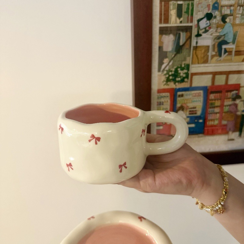 Estilo coreano, lazo pintado a mano, taza de café de cerámica, plato, taza y plato de alto valor, té de la tarde, plato de postre