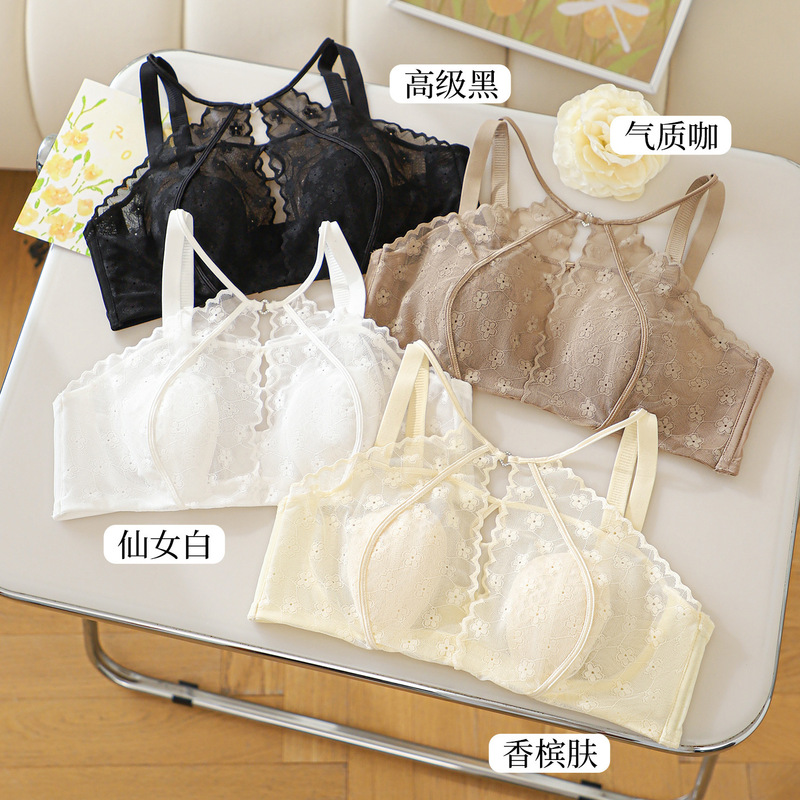 Floral Embroidery Lace Fixed Double Shoulder Straps Breathable Lingerie Sexy Style Beautiful Bust Light Thin Rabbit Ear Cup Invisible Seamless Bra