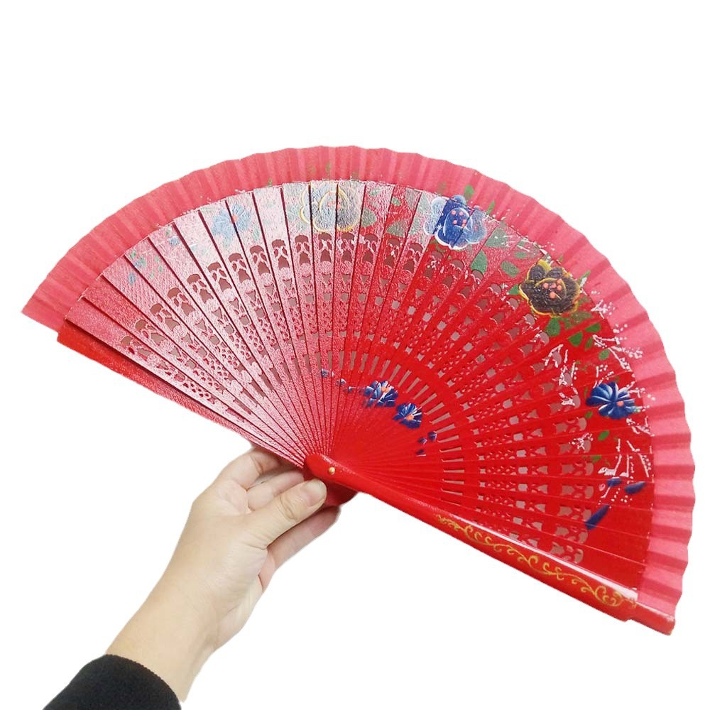Exquisita tela de seda de borde estampado de alta calidad pintada a mano ventilador de madera español ventilador de regalo hueco ventilador de madera brillante