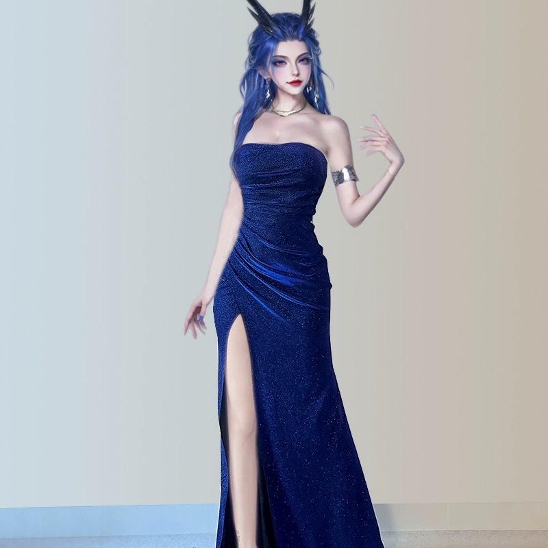 Nezha's Chaos in the Sea 2 Ao Lun Aunt костюм для косплея, синее блестящее платье, сексуальное длинное платье без бретелек с разрезом, синель