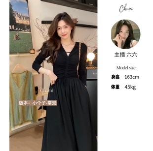 2023 breastfeeding retro light luxury Hepburn style elegant small black dress V-neck pleated waist dress