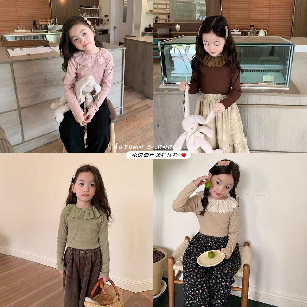 Aini Girls' Lace Trim Base Layer New Solid Color Top Striped Spring and Autumn Style Children's Long-Sleeve Clothing