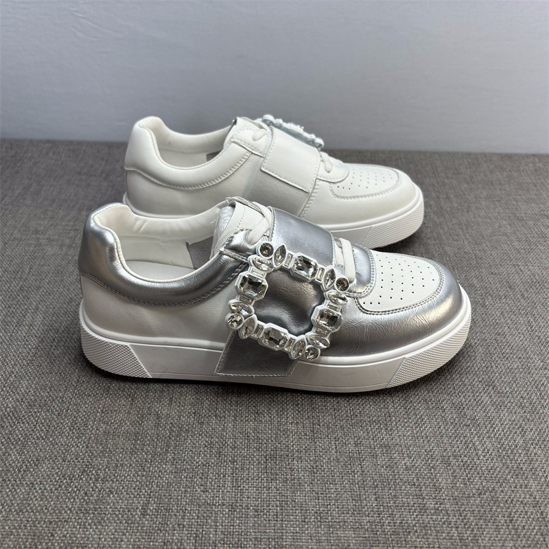 Clearance Sale: Round-Toe Rhinestone Square Buckle Genuine Leather Sneakers for Women, Slip-On Sports Casual White Shoes