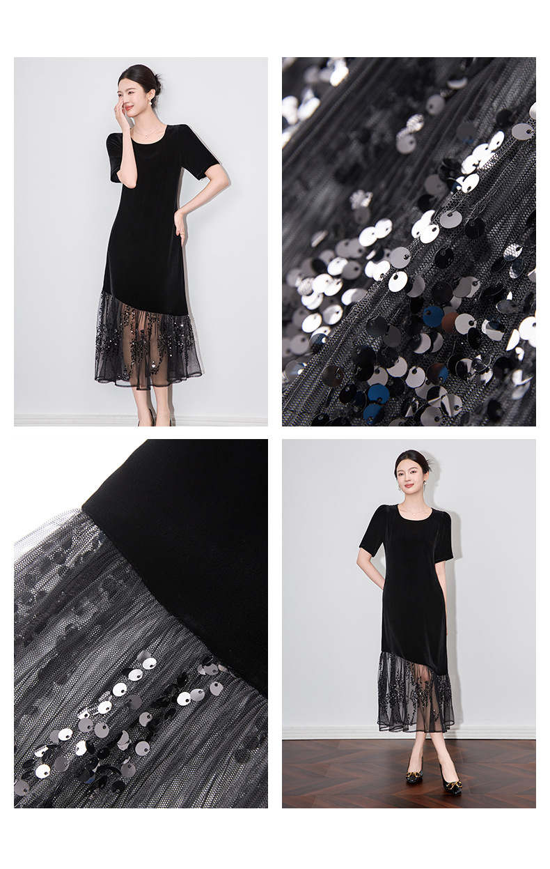 Đầm maxi nữ thắt eo phối lưới đính sequin và nhung — Màu đen chi tiết 4