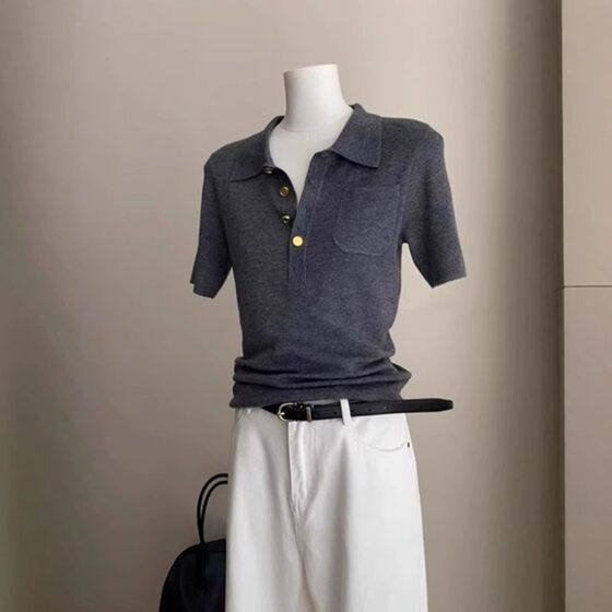 Grey High-end Sense Old Qian Feng Lel Short-sleeved Knitted T-shirt Women's Spring Shoulder Slimming Ice Silk Polo Shirt Top