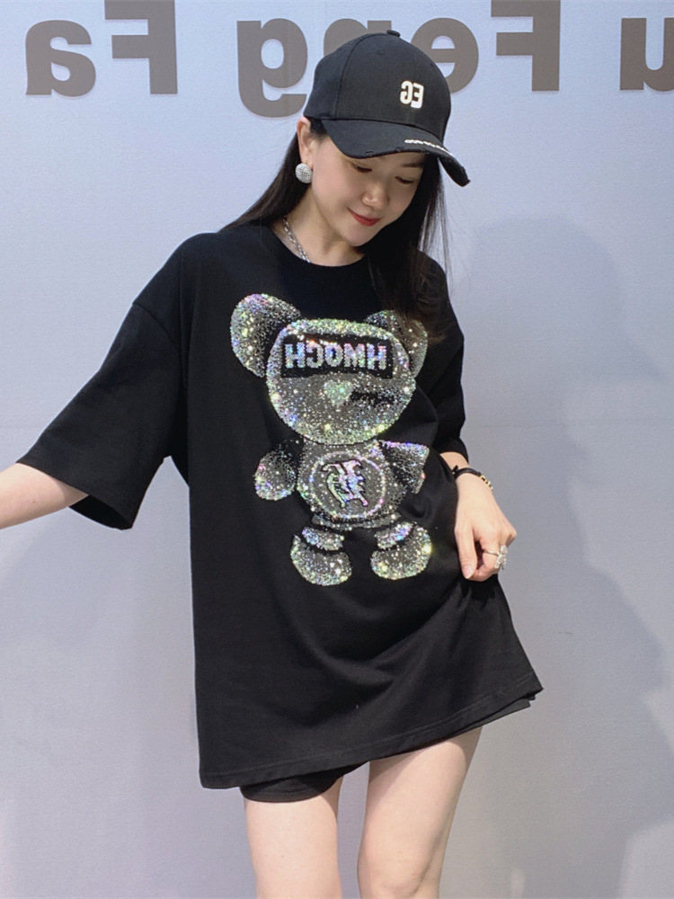 Camiseta Unisex de Manga Corta de Algodón Holgada con Pedrería para Verano