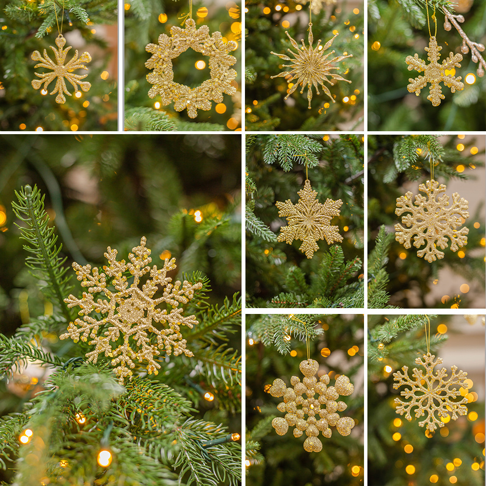 Decoraciones de Navidad personalizadas polvo de Navidad copos de nieve de plástico dorado pequeño colgante colgante conjunto de accesorios