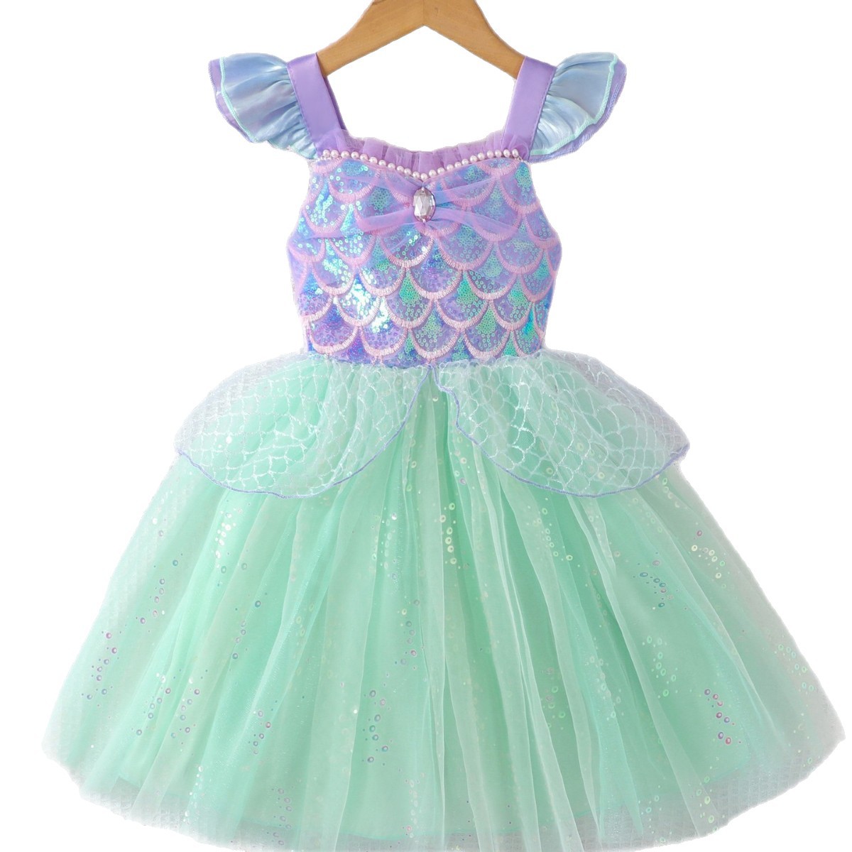 Girls' Summer Hot-Selling Flutter Sleeve Strap Mesh With Sparkling Sequins Mermaid Princess Dress_voghion.com