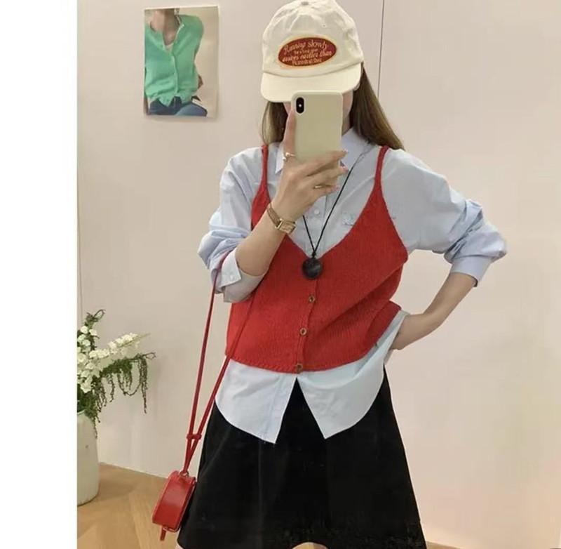 韓国風新作無地シングルボタンニットショート丈アウター レディース ウール混重ね着 若見えベスト レディース 万能|undefined