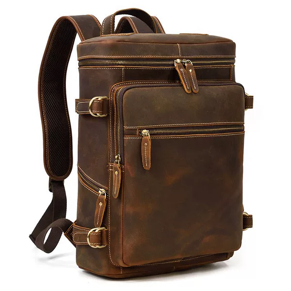 Cross-Border Men's Leather Backpack Fashionable Genuine Leather 15.6inch Computer Bag Outdoor Travel Cow Backpack