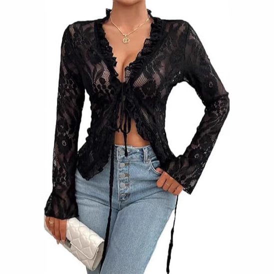 25 Women's Open Front Lace-Up Sheer Lace Top with Long Sleeves and Ruffle Trim, Sheer Mesh Lace Short Top
