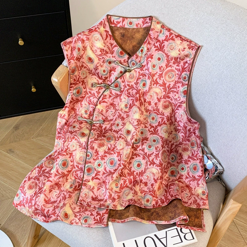 Летний топ-жилет без рукавов для женщин 2025 года, новый ретро-стиль, китайский национальный стиль, улучшенная художественная печать, пряжка.