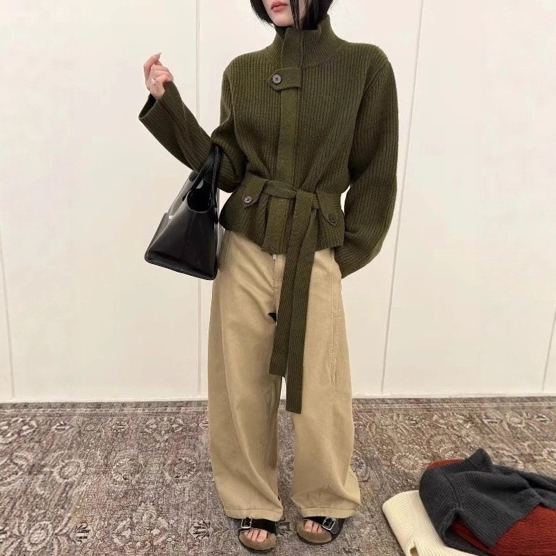 Korean Style Stand-Up Collar Lace-Up Waist Knitted Cardigan 2025 Autumn and Winter Cross-Border New Elegant Sweater Jacket Women's Top